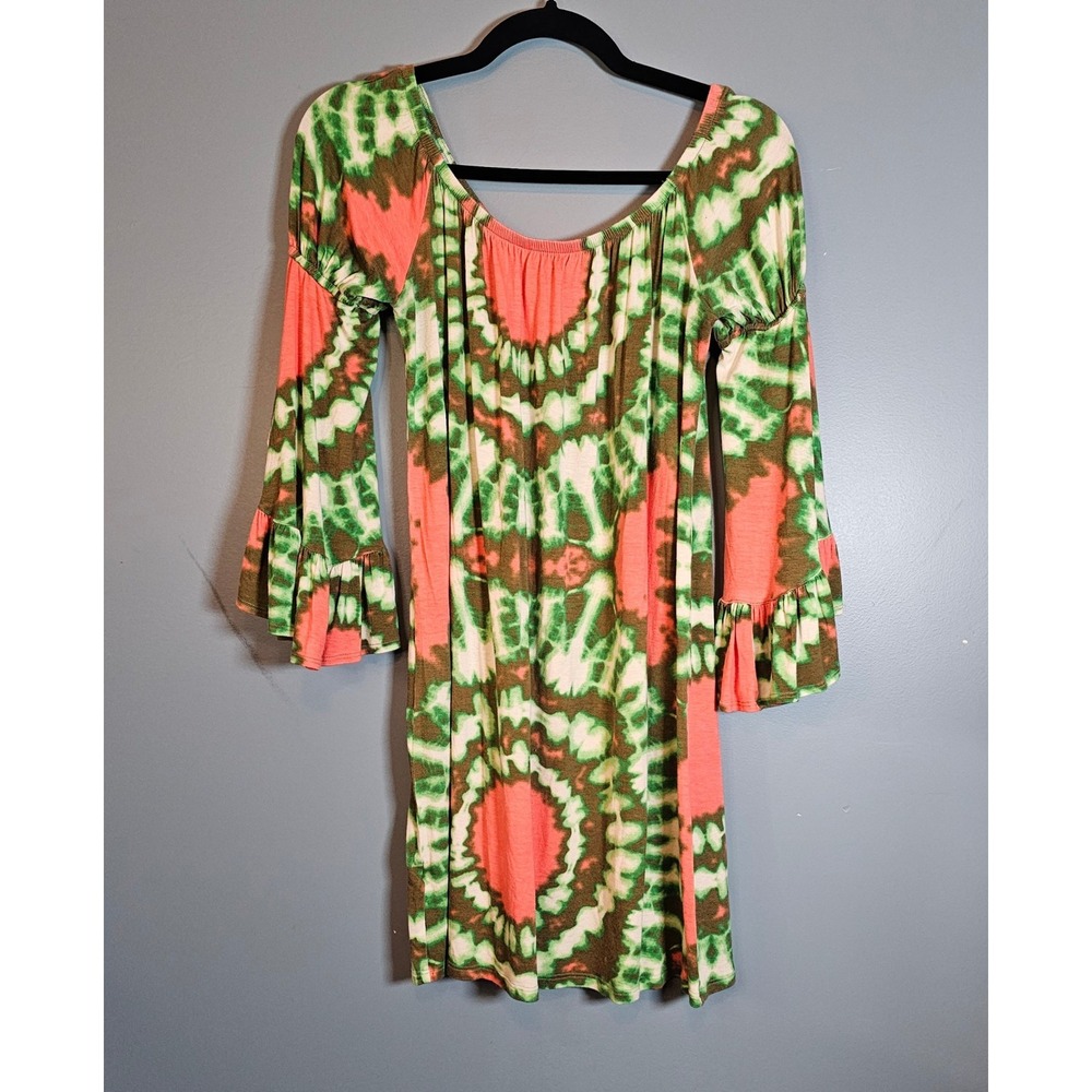 Voom by Joy‎ Han Tie Dye Ruffle Sleeve Mini Dress Green Coral Boho Small D-8519